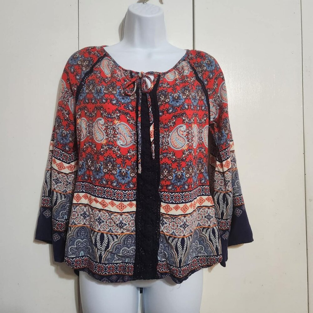 Henna S Women S Small Boho Paisley Blouse Red Blue Lace Inset Bell Sleeve Hippie